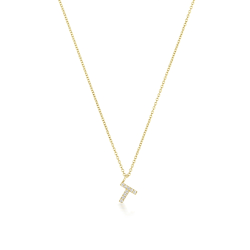 4 Prong Round Yellow Gold Petit alphabet t Pendant Necklaces