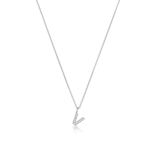 4 Prong Round Silver Petit alphabet v Pendant Necklaces