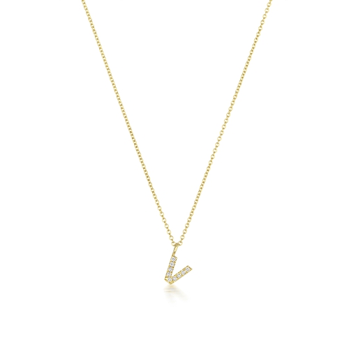 4 Prong Round Yellow Gold Petit alphabet v Pendant Necklaces