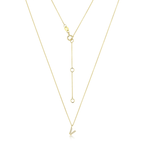 4 Prong Round Yellow Gold Petit alphabet v Pendant Necklaces