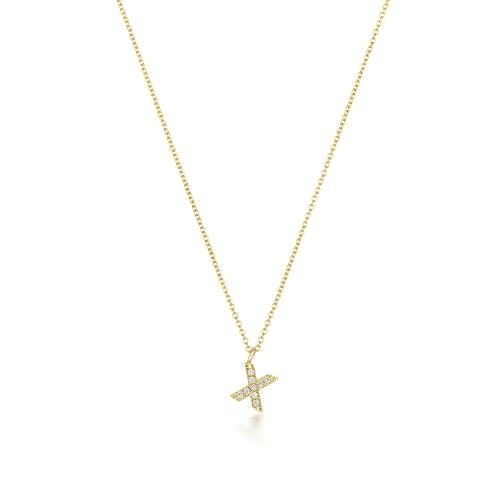 4 Prong Round Yellow Gold Petit letter x Pendant Necklaces