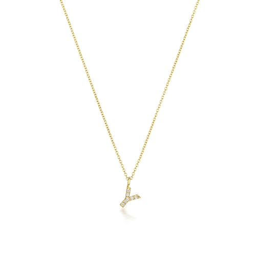 4 Prong Round Yellow Gold Petit alphabet y Pendant Necklaces