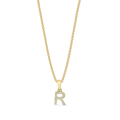4 Prong Round Yellow Gold Letter r initial Pendant Necklaces