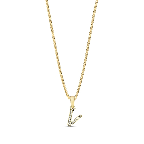 4 Prong Round Yellow Gold Letter v initial Pendant Necklaces