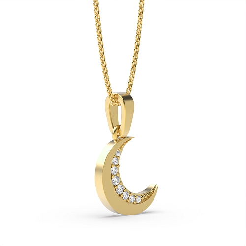 Pave Setting Round Yellow Gold Moon Pendant Necklaces
