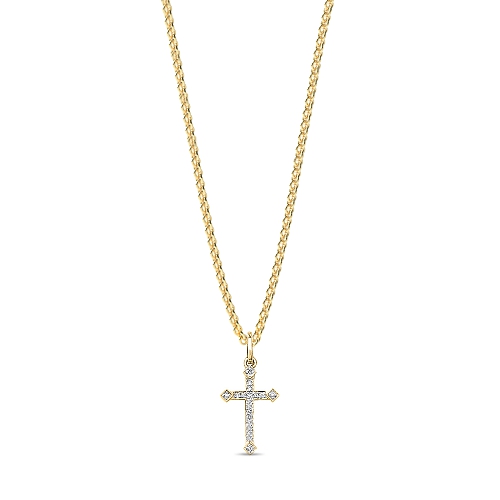 4 Prong Round Yellow Gold Designer Shine Cross Pendant Necklace