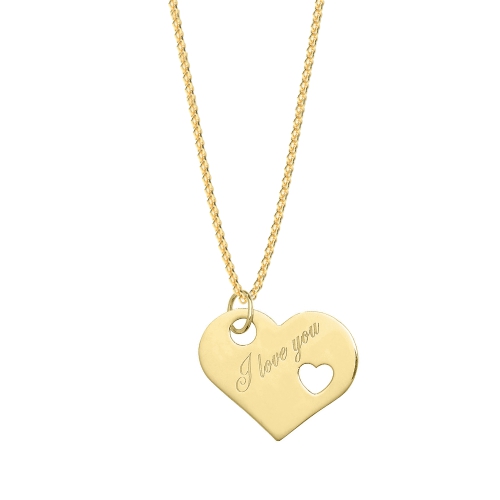 Yellow Gold Heart shaped i love you engraved Pendant Necklaces