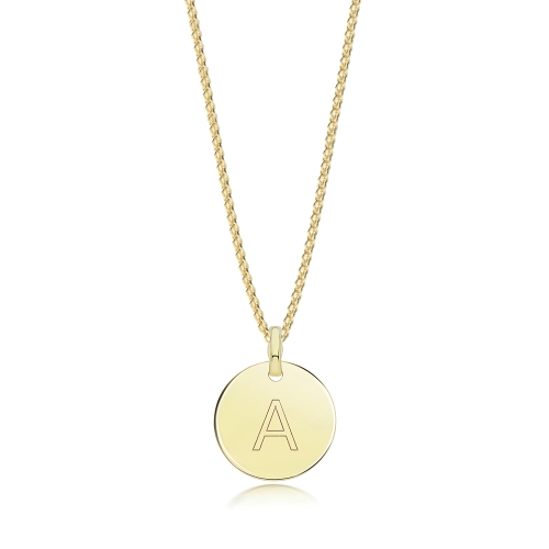 Yellow Gold Plain round disc letter a Pendant Necklaces