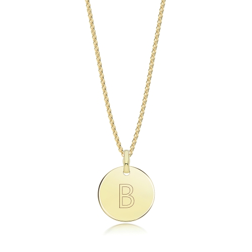 Yellow Gold Plain round disc engraved b Pendant Necklaces