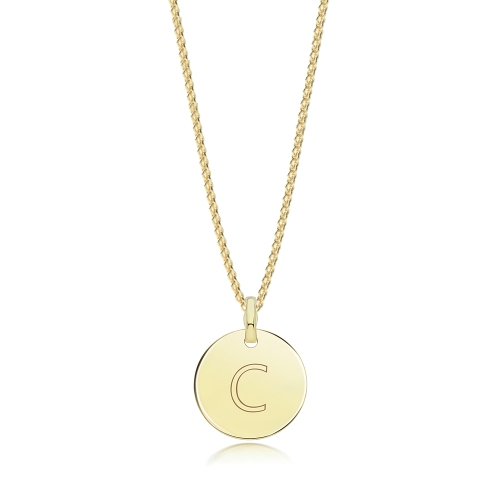 Yellow Gold Plain round disc engraved c Pendant Necklaces