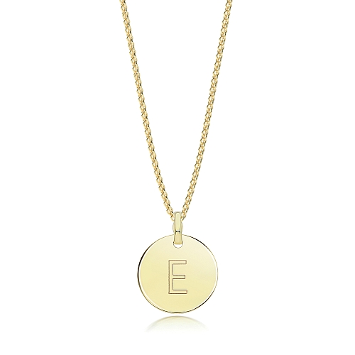 Yellow Gold Plain round disc engraved e Pendant Necklaces