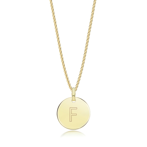 Yellow Gold Plain round disc letter f Pendant Necklaces