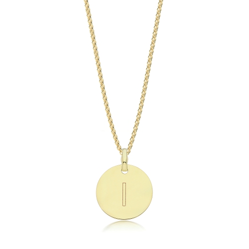Yellow Gold Plain round disc letter i Pendant Necklaces