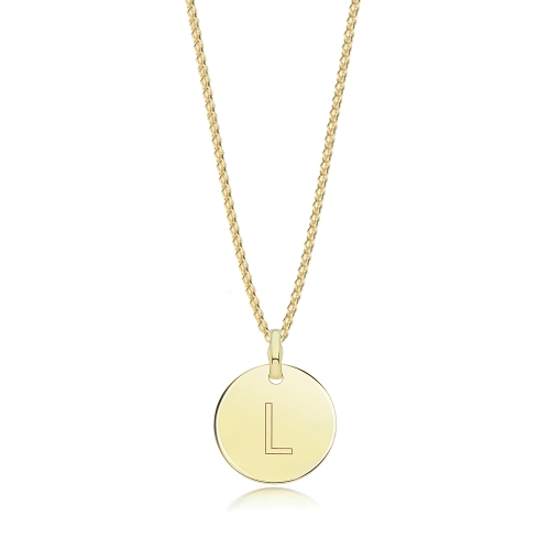 Yellow Gold Plain round disc letter l Pendant Necklaces