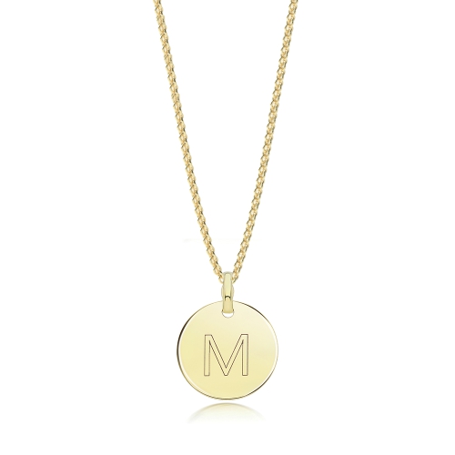 Yellow Gold Plain round disc engraved m Pendant Necklaces