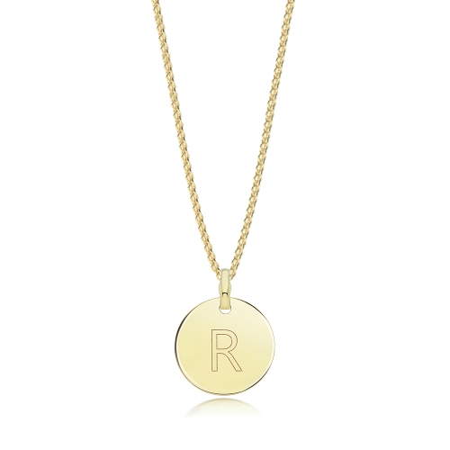 Yellow Gold Plain round disc engraved r Pendant Necklaces