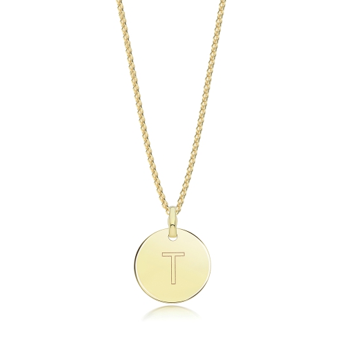 Yellow Gold Plain round disc engraved t Pendant Necklaces