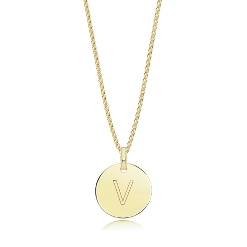 Yellow Gold Plain round disc letter v Pendant Necklaces