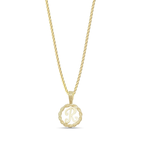 Yellow Gold Plain round disc letter r Pendant Necklaces