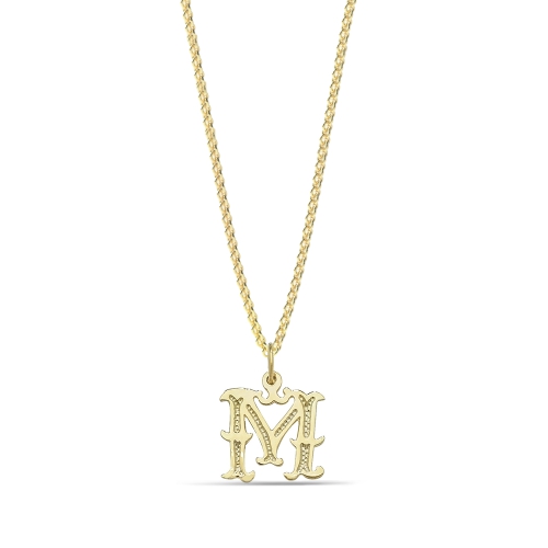 Yellow Gold Plain fancy m Initial Pendant Necklaces