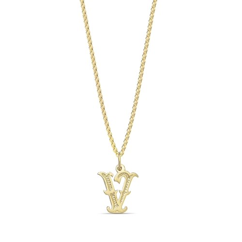 Yellow Gold Plain fancy v Initial Pendant Necklaces