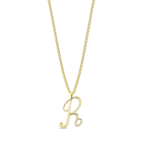 Yellow Gold Plain curvy r Initial Pendant Necklaces