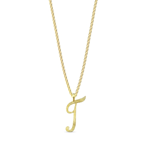 Yellow Gold Plain curvy t Initial Pendant Necklaces