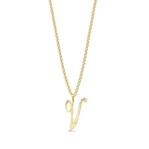 Yellow Gold Plain curvy v Initial Pendant Necklaces