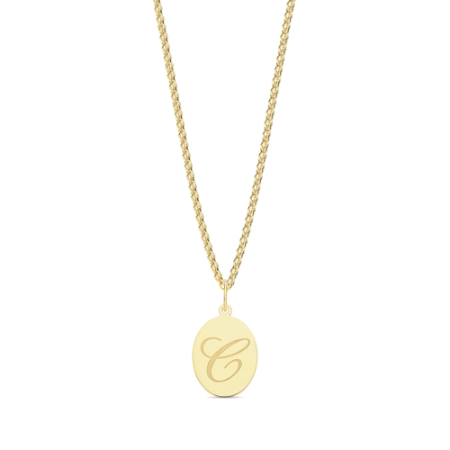 Yellow Gold Plain oval disc engraved c Initial Pendant Necklaces