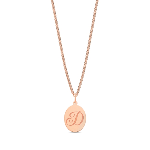 Rose Gold Plain oval disc engraved d Initial Pendant Necklaces
