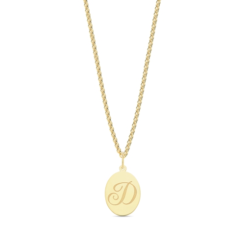 Yellow Gold Plain oval disc engraved d Initial Pendant Necklaces