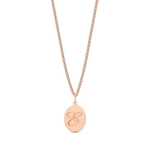 Rose Gold Plain oval disc engraved e Initial Pendant Necklaces