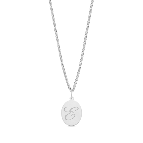 Platinum Plain oval disc engraved e Initial Pendant Necklaces