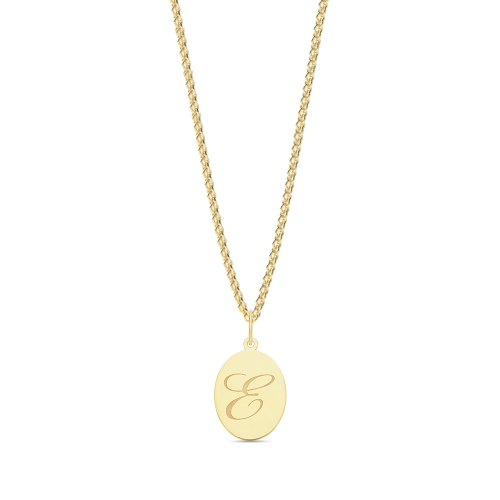 Yellow Gold Plain oval disc engraved e Initial Pendant Necklaces