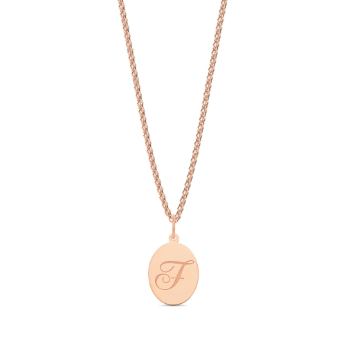 Rose Gold Plain oval disc engraved f Initial Pendant Necklaces