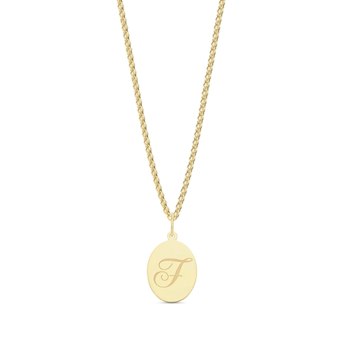 Yellow Gold Plain oval disc engraved f Initial Pendant Necklaces
