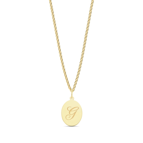 Yellow Gold Plain oval disc engraved g Initial Pendant Necklaces