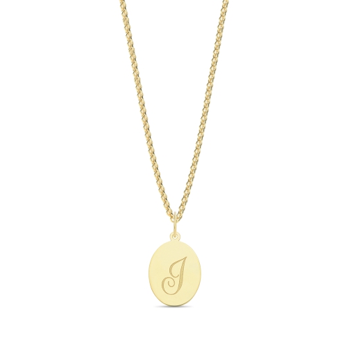 Yellow Gold Plain oval disc engraved i Initial Pendant Necklaces