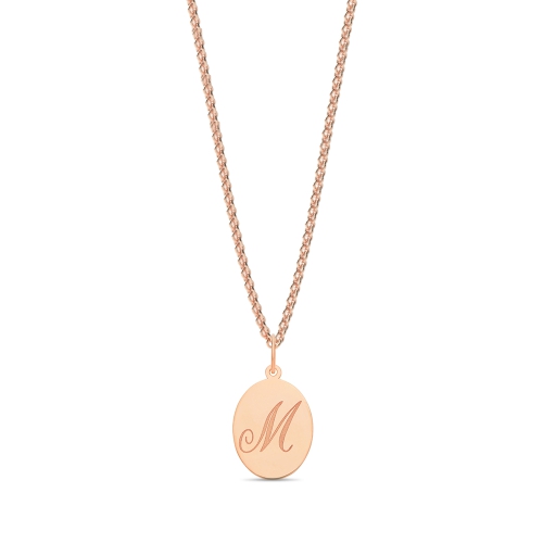 Rose Gold Plain oval disc engraved m Initial Pendant Necklaces