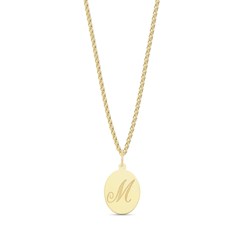 Yellow Gold Plain oval disc engraved m Initial Pendant Necklaces