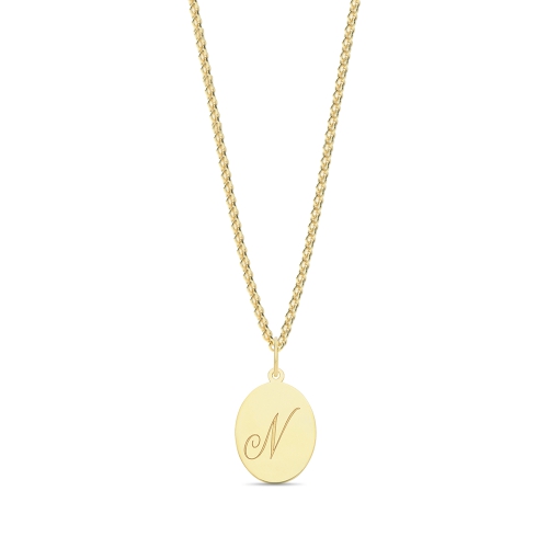 Yellow Gold Plain oval disc engraved n Initial Pendant Necklaces