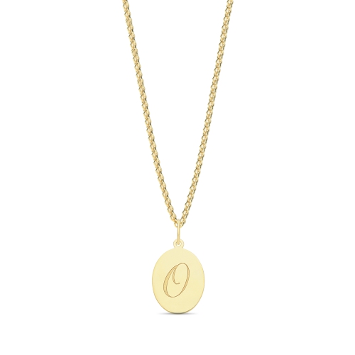 Yellow Gold Plain oval disc engraved o Initial Pendant Necklaces