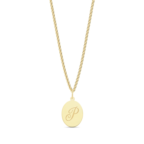 Yellow Gold Plain oval disc engraved p Initial Pendant Necklaces