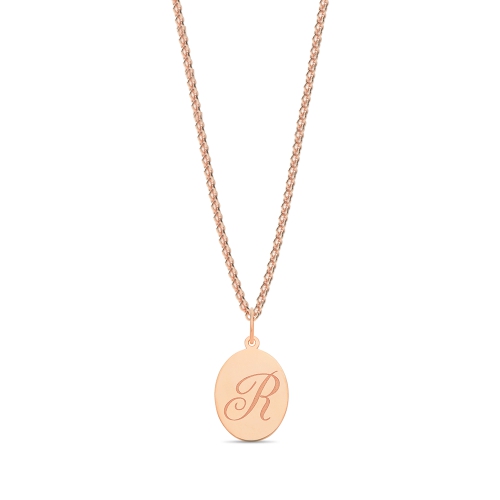 Rose Gold Plain oval disc engraved r Initial Pendant Necklaces