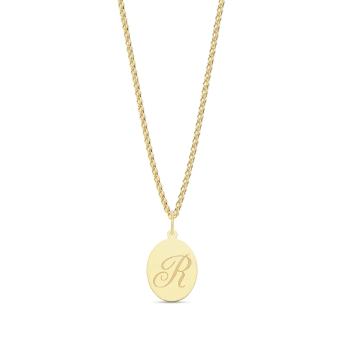Yellow Gold Plain oval disc engraved r Initial Pendant Necklaces