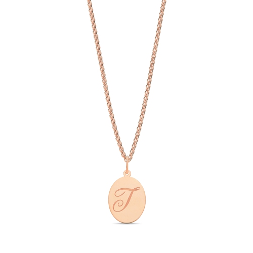 Rose Gold Plain oval disc engraved t Initial Pendant Necklaces