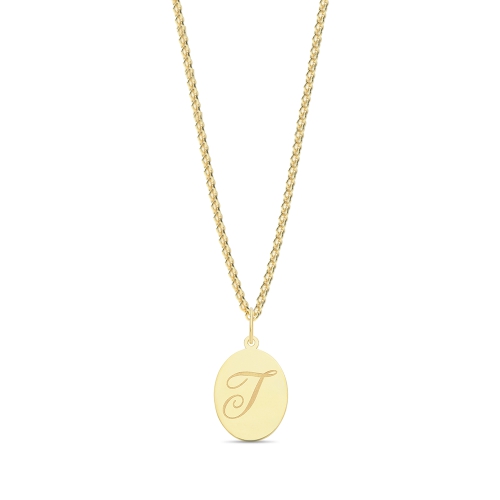 Yellow Gold Plain oval disc engraved t Initial Pendant Necklaces
