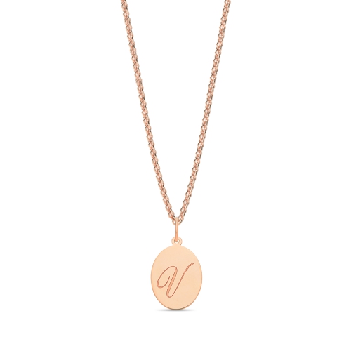 Rose Gold Plain oval disc engraved v Initial Pendant Necklaces