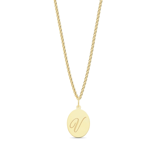 Yellow Gold Plain oval disc engraved v Initial Pendant Necklaces