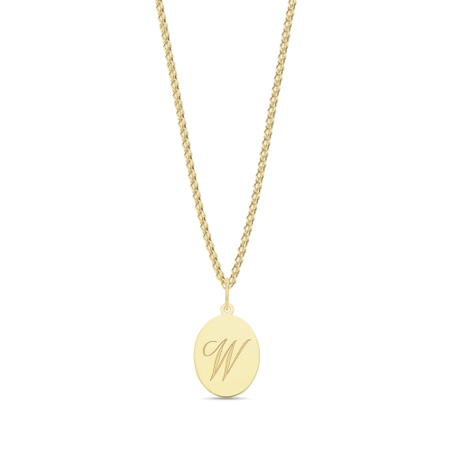Yellow Gold Plain oval disc engraved w Initial Pendant Necklaces